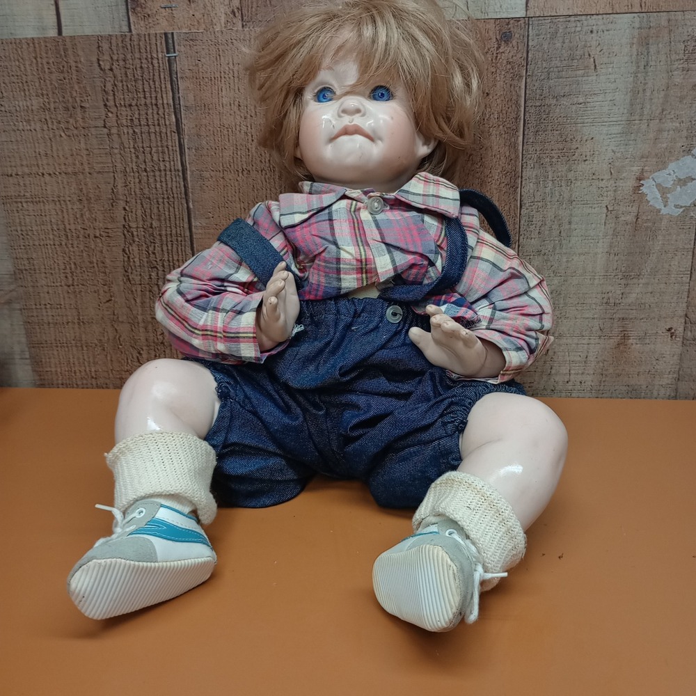 Vintage Porcelain Pouting Boy Doll Blue Eyes Plaid Shirt Denim Overalls 12 Inch